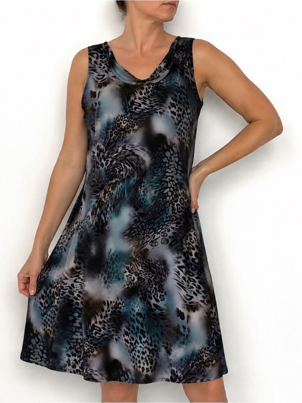 Travel By Tribal Animal Print Tile Blue Dress Lg